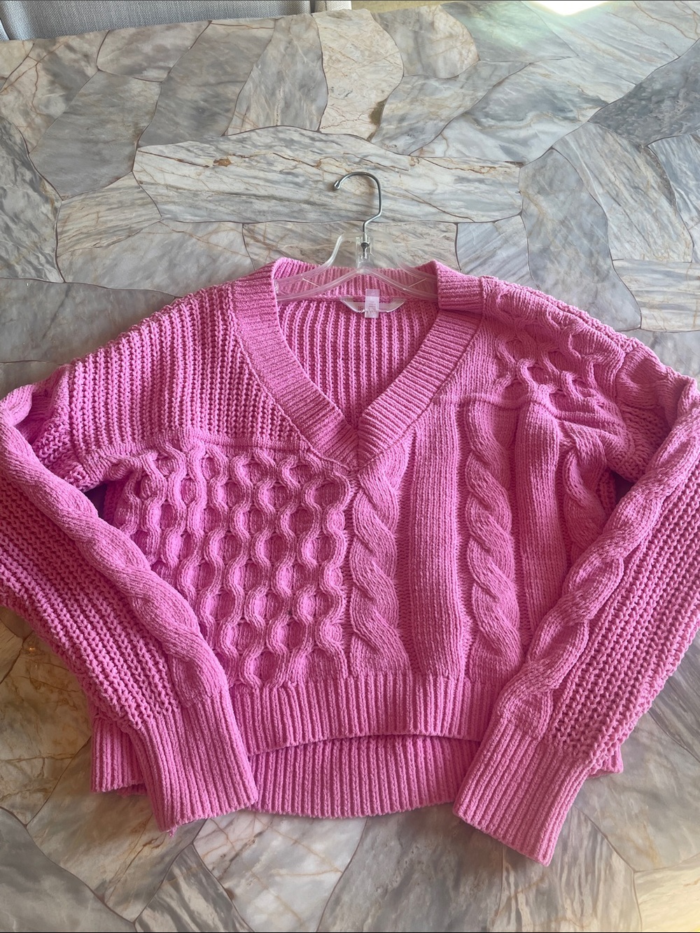 No Boundaries Pink Cable Knit V-Neck Sweater